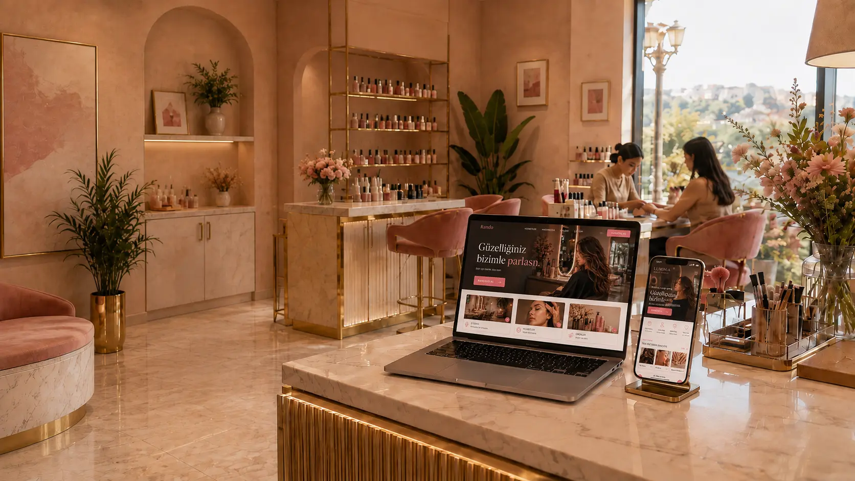 Premium bir güzellik salonunda masaüstü ve mobil web sitesini gösteren laptop ve telefon
