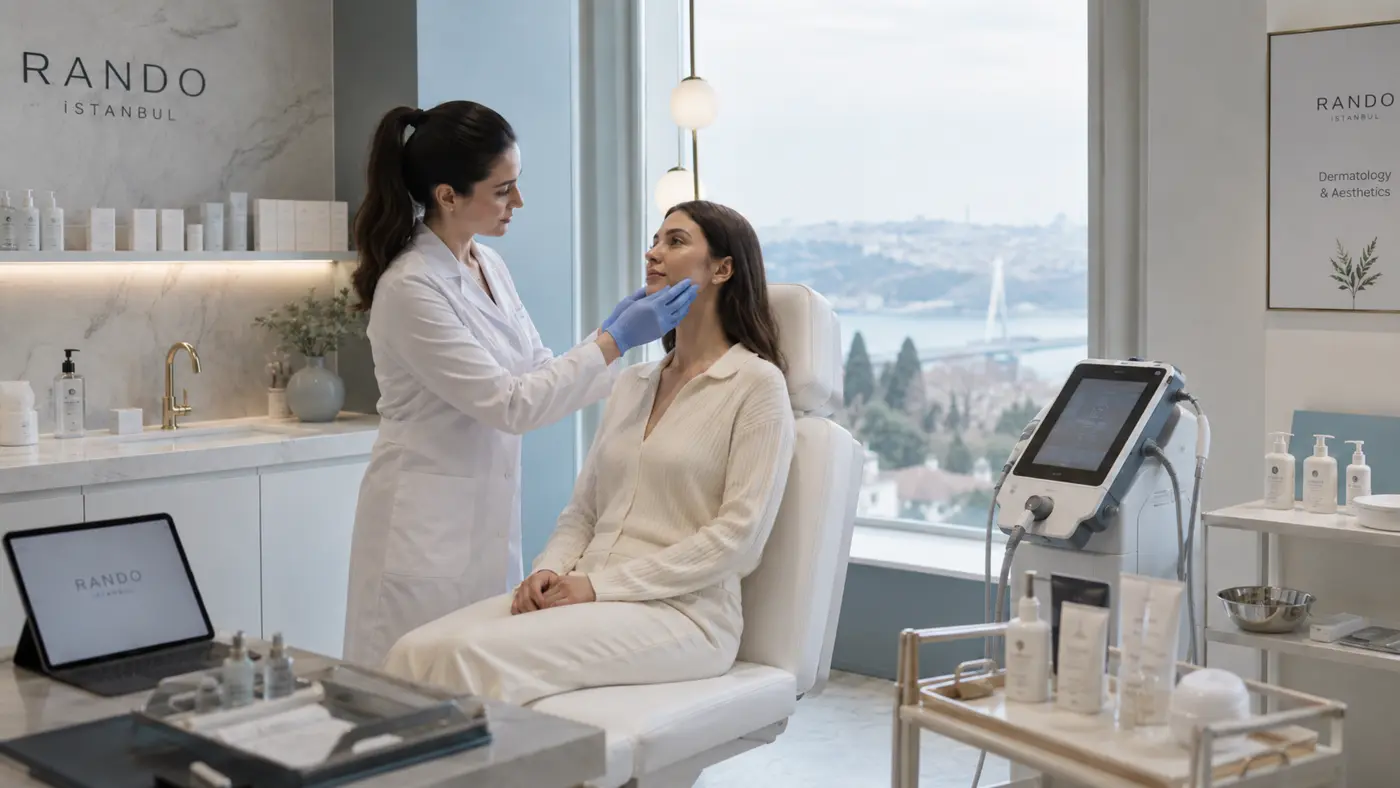 Aydınlık ve modern bir estetik kliniğinde danışanıyla çalışan uzman